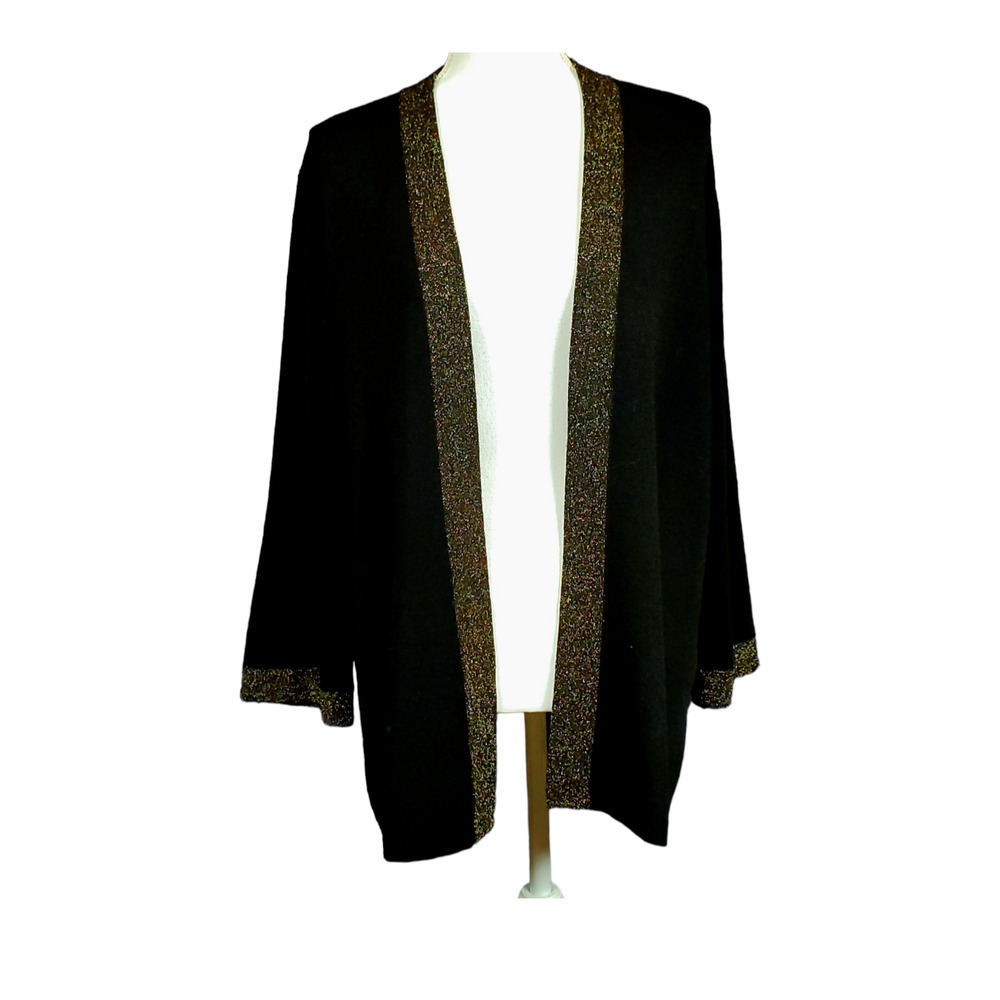 Eileen Fisher Open Front Cardigan Size Medium Black Gold Long Sleeve Dressy - Picture 2 of 9